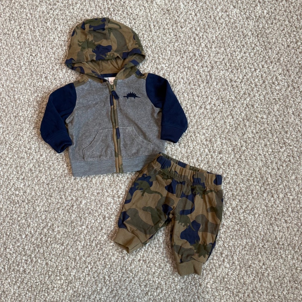 Carters Baby Boys Size 3Months Camo Dinosaur Hoodie Sweatshirt‎ Pants Set Outfit